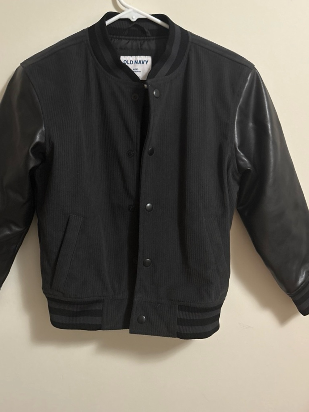 Old Navy Black Bomber Jacket with Faux Leather Sleeves